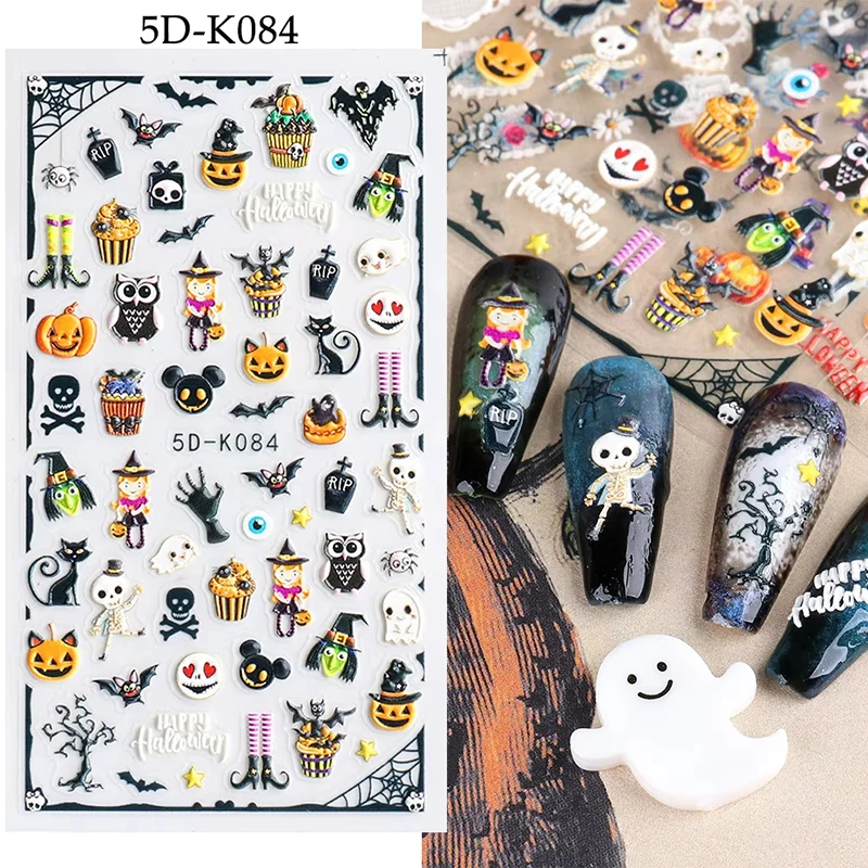 Autocollants 5D pour ongles pour femmes et filles, art des ongles, os de sang d'Halloween, horreur, globe oculaire, khydrinstituts, autocollants d'ongles en trois dimensions