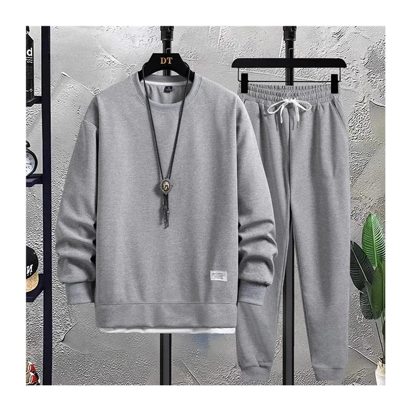 Waffle Suit Men Autumn New Casual Sports Long Sleeved Thin Sweatshirt and Pants Two-piece Set Trendy Handsome Hip Hop Tracksuits