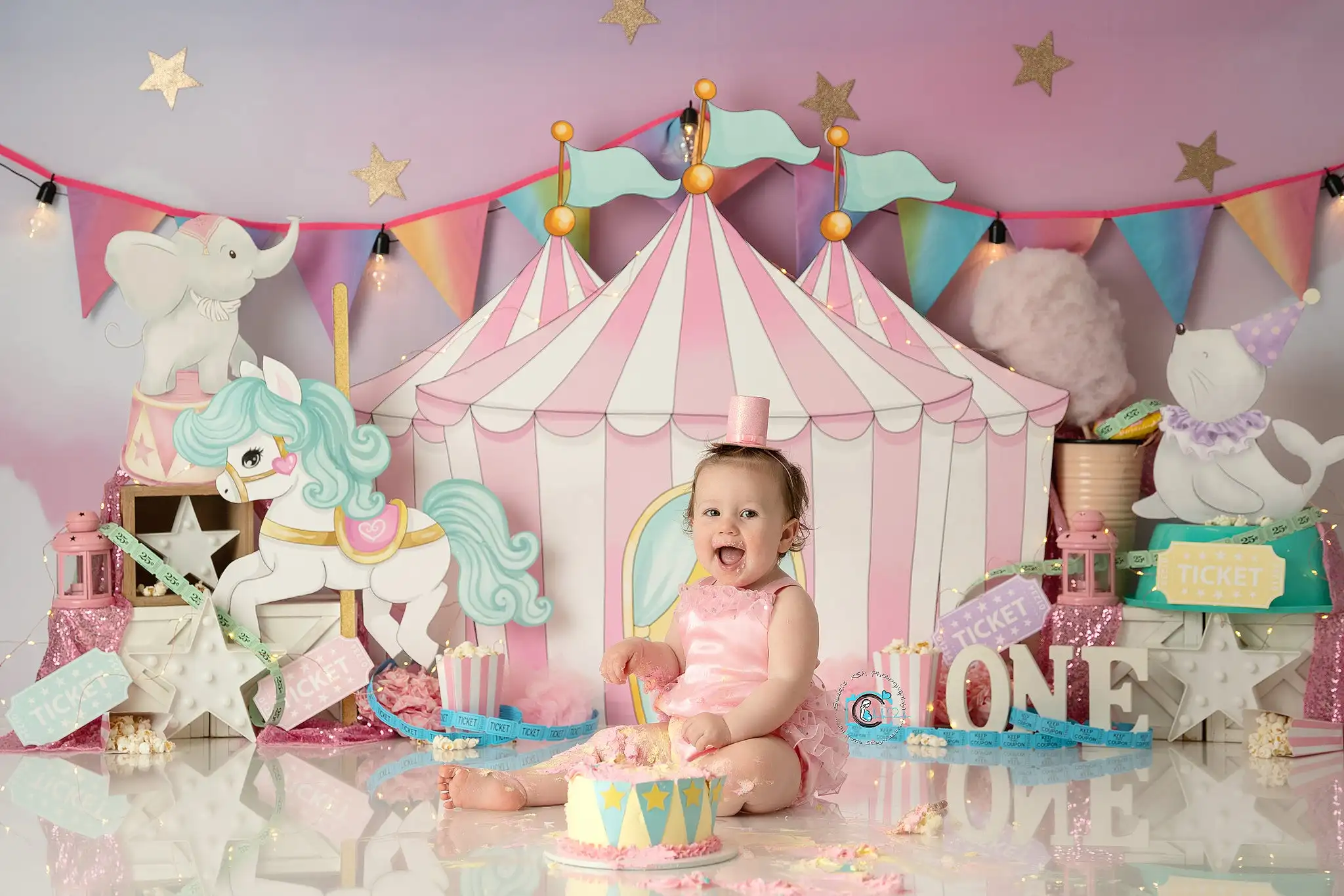 Charleighs Pink Circus Photography Backdrop Kids Baby Cake Smash Photocall Decors Child Girls Adult Birthday Studio Backgrounds