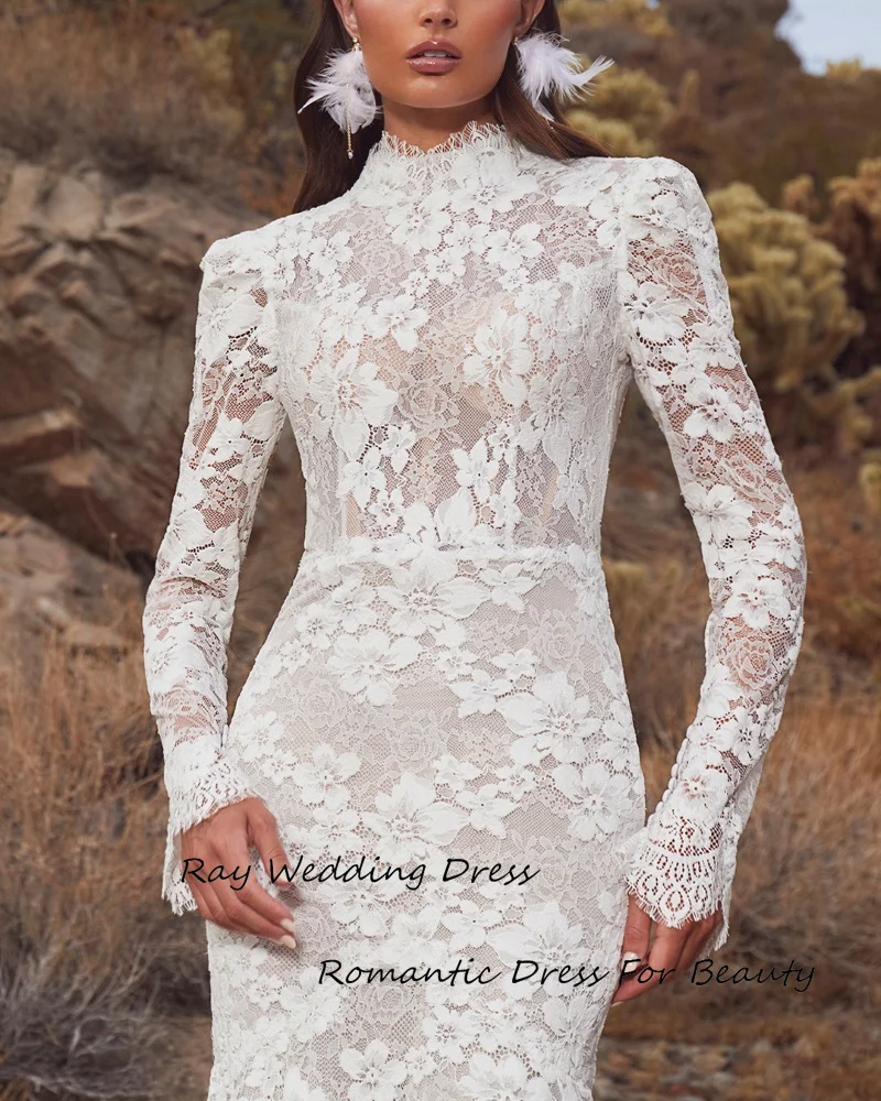 Ray Vestido de Novia Brautkleider Trompete volle Spitze Ärmel elegante O-Ausschnitt Sweep Zug Brautkleider für sexy Frauen 2024