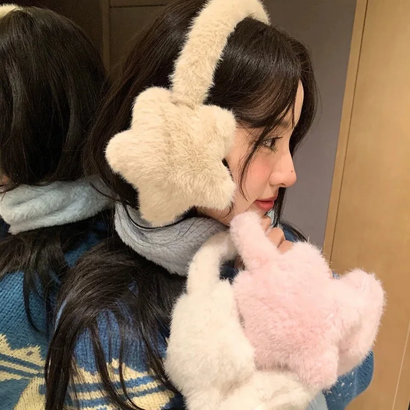 Y2K Star Fluffy Earmuffs Earplugs Cold Protection Women Ear Cover Keep Warm Solid Color Plush Earmuffs Cycling Accessories