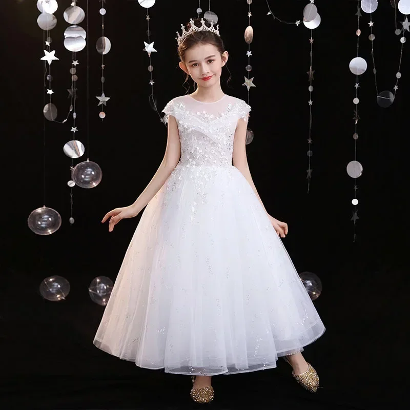 

Girl's 2024 Spring New Western Style Flower Boy White Fairy Host Walk Show Birthday Piano Performance Dress