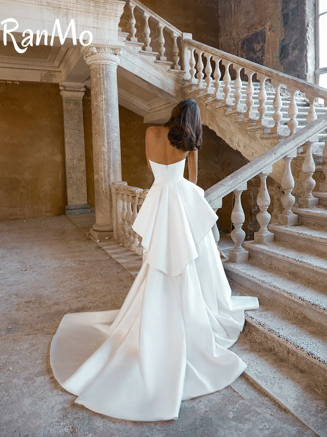 فستان زفاف Ranmo جديد 2025 مثير مخصص بدون حمالات بدون أكمام طيات للنساء أنيق كريب على شكل حرف A بطول الأرض فستان العروس