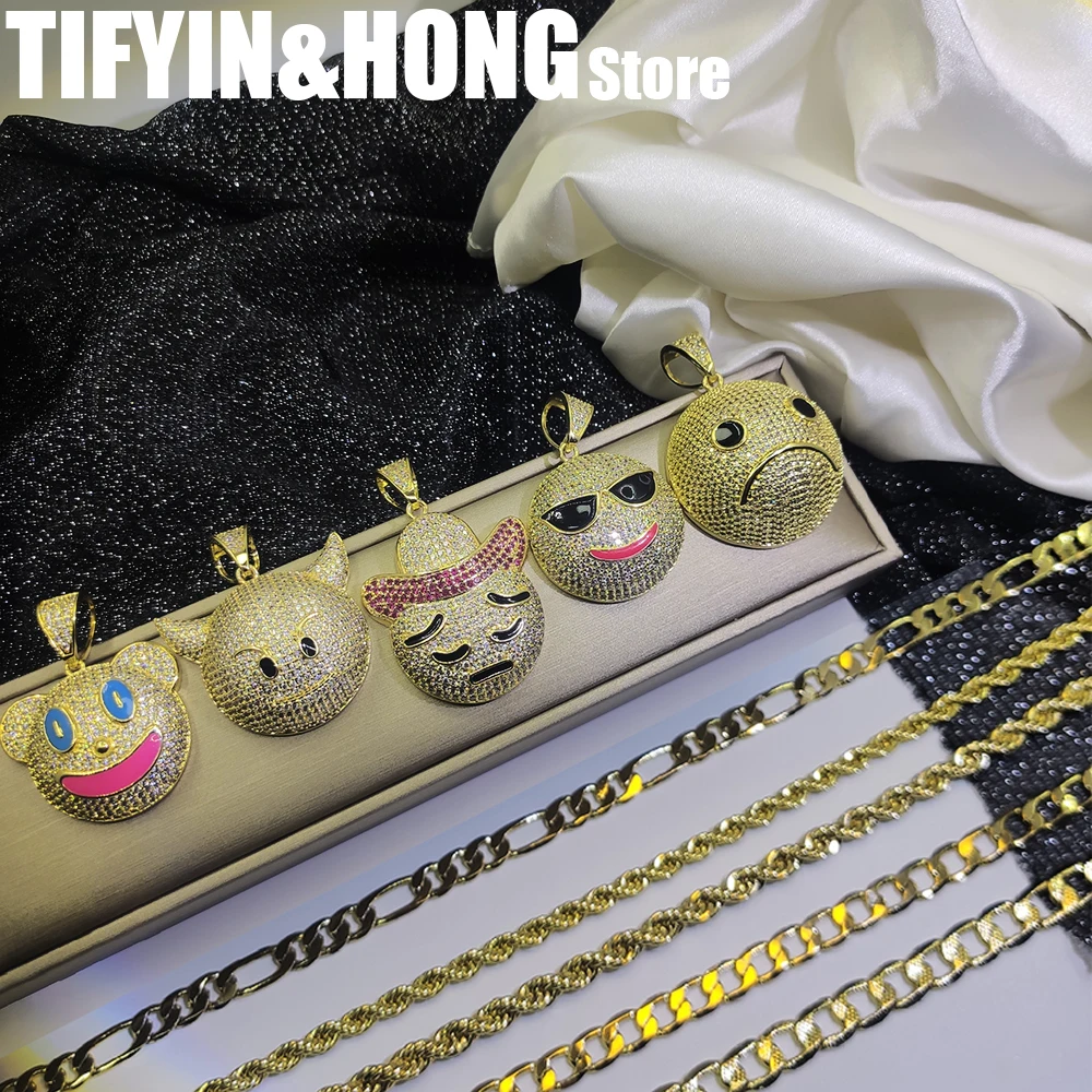 Cartoon emoji smiling face zircon gold-plated pendant necklace for men and women, West Coast hip-hop fashion Halloween gift