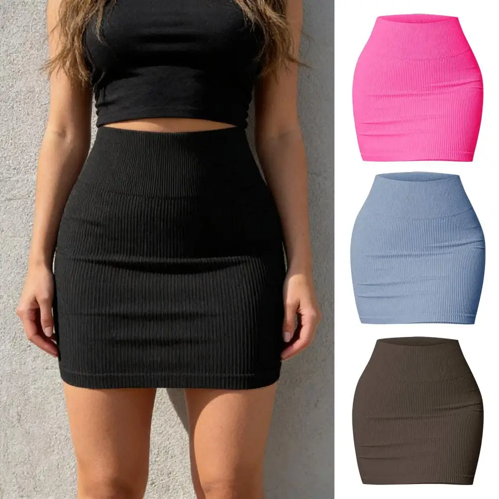 Soft Breathable Daily Wear Mini Skirt, Women Elastic High Waist Solid Color Short Skirt Hip-Hugging Bodycon