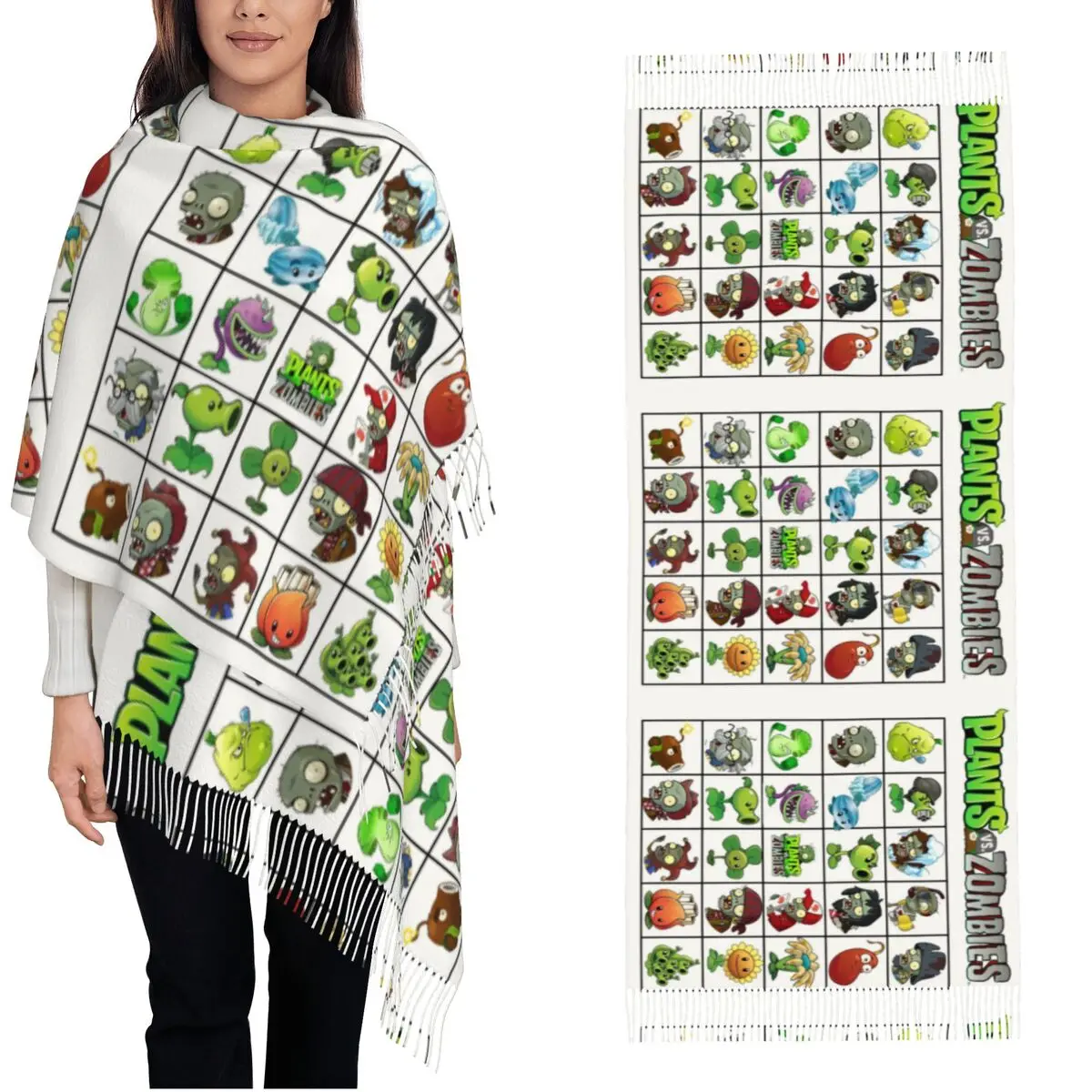 

Womens Tassel Scarf Plants Vs Zombies PVZ Cartoon Game Large Winter Fall Shawl Wrap Funny Poster Gifts Cashmere Scarf