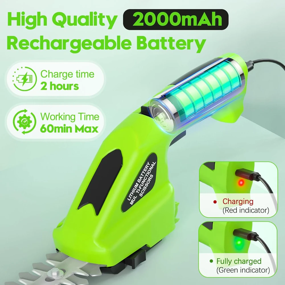 2 in 1コードレス電動ヘッジトリマー 2000mAhコードレス草刈り機 7.2V充電式草刈り機 除草芝刈り機
