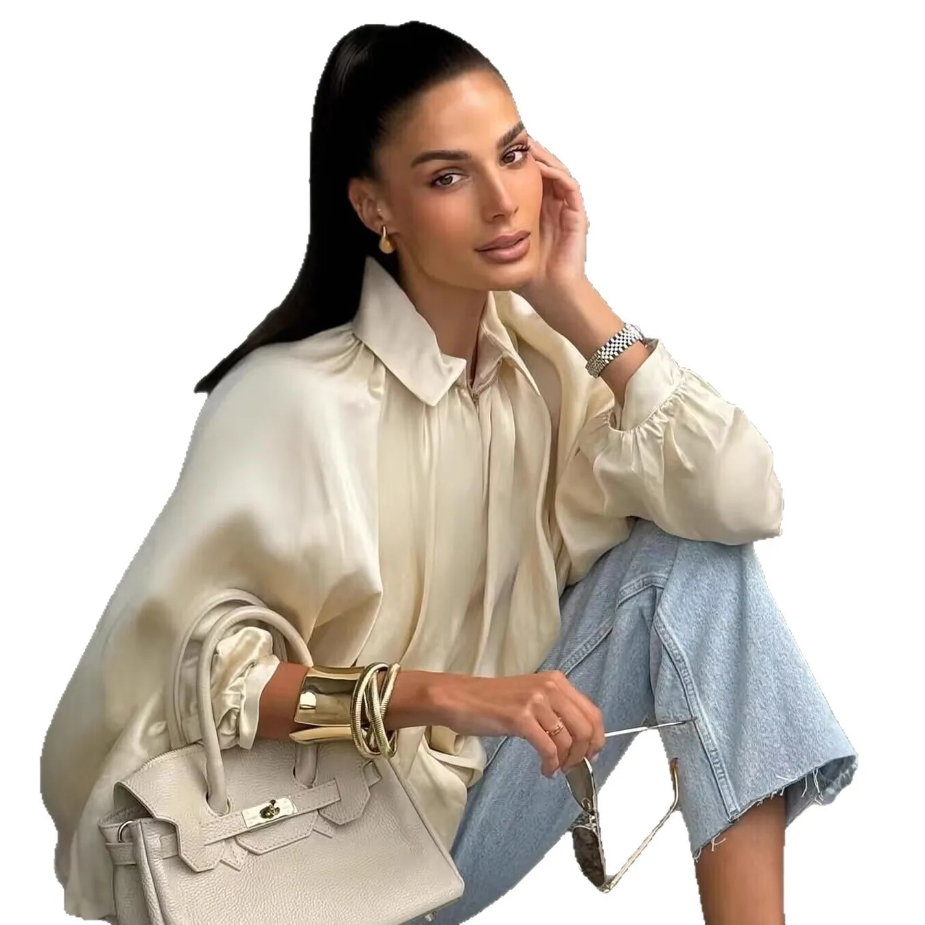 

Satin Autumn Women's Baseball Jacket Pleated Zipper Jacket Long Sleeved Lady's Coat Outwears Loose Patchwork Coats For Female