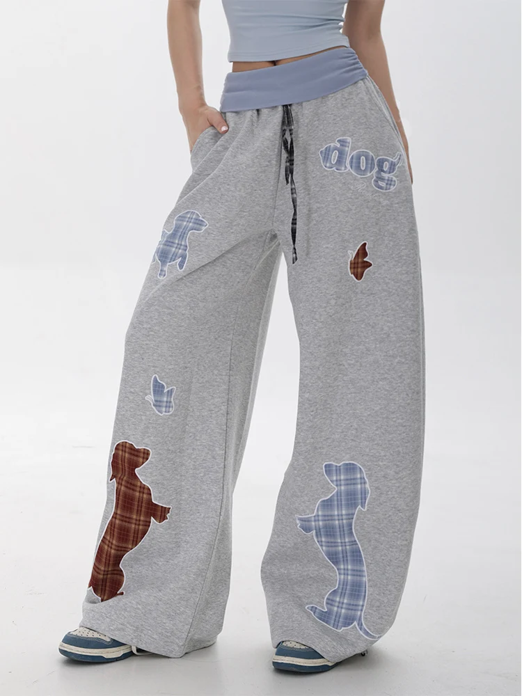 High Waist Wide Leg Jazz Dance Pants Women's Loose Fit Street Style Patchwork Dog Embroidery Sweatpants Retro Style Casual Tr...