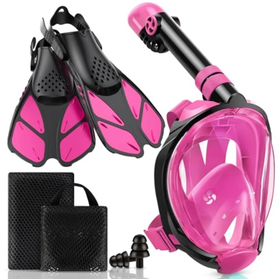 

Snorkeling gear for adults: full face snorkel mask with panoramic view, dry top, anti-fog, anti-leak, plus adjustable swim fins