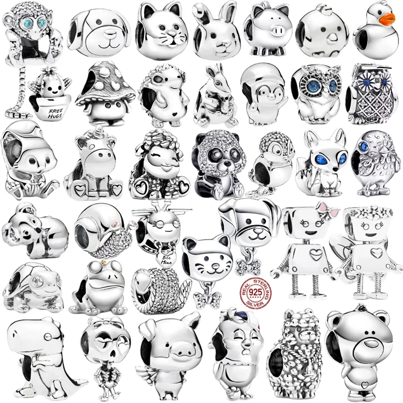 Animal Silver Series Beads Monkey Owl Pig Robot Frog Prince Fit Original Pandora Bangle Earring DIY 925 Sterling Charms jewelry