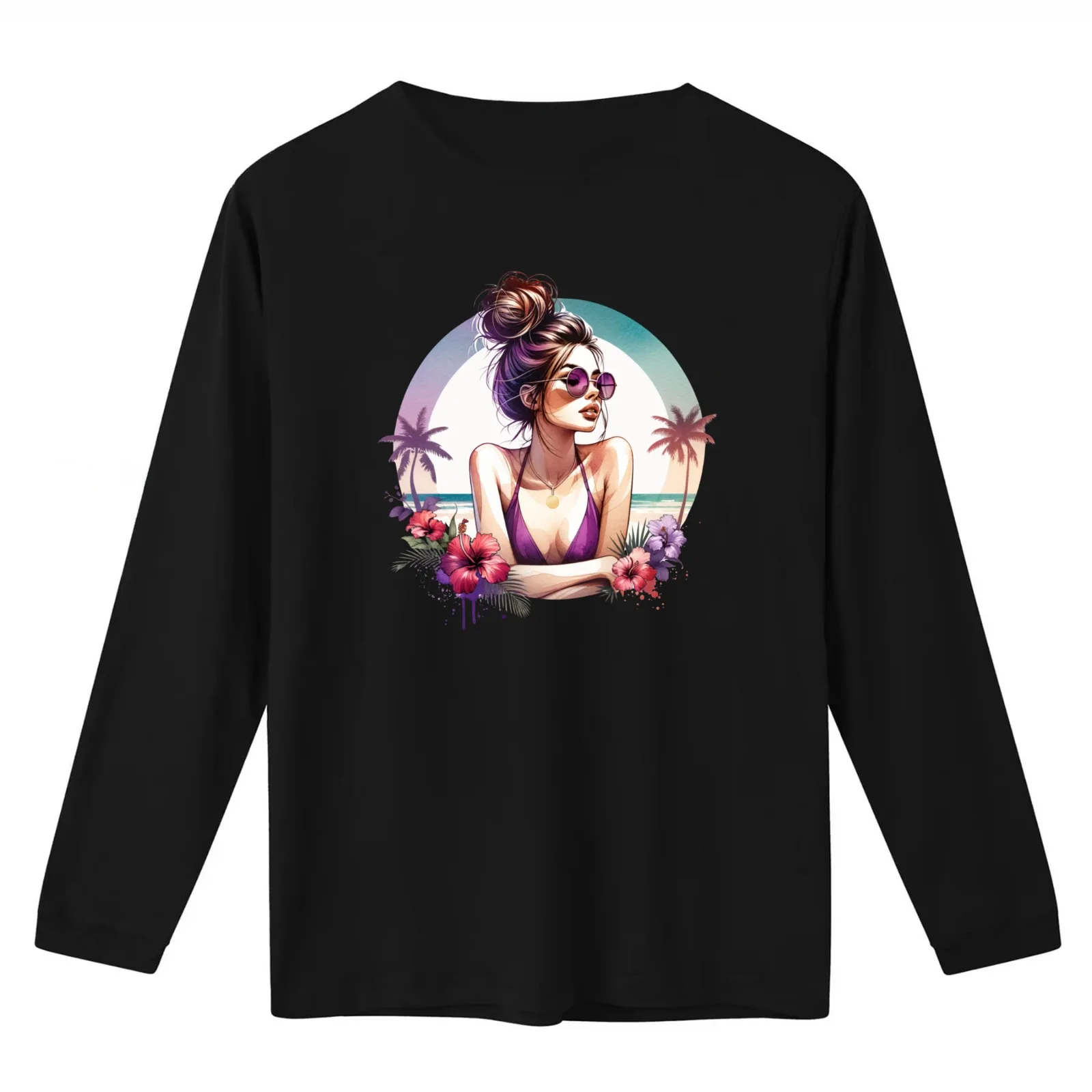 Messy Bun Babe on Beach - Purple T-Shirt Summer Casual Cotton Tee Oversized Streetwear Tops Vintage Graphic Print