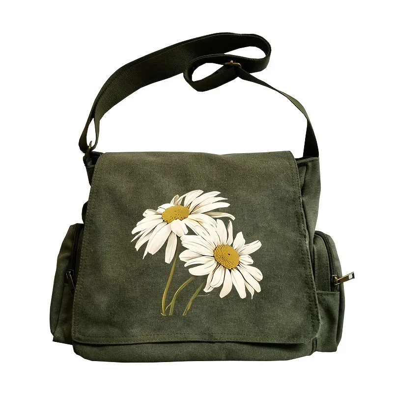 

Новая большая вместительная женская винтажная сумка на плечо, белая сумка через плечо с цветочным принтом ромашки для женщин, холщовая сумка для ноутбука