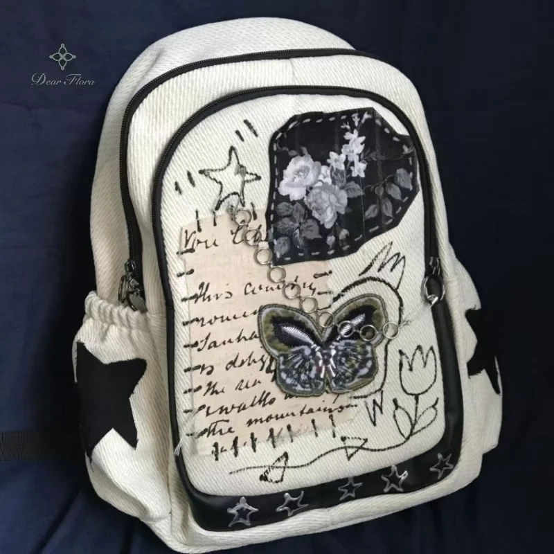 Y2K Patchwork Blume Brief Schmetterling Rucksäcke Frauen Vintage Kette Design Reise Rucksack Punk Große Kapazität Student Schul