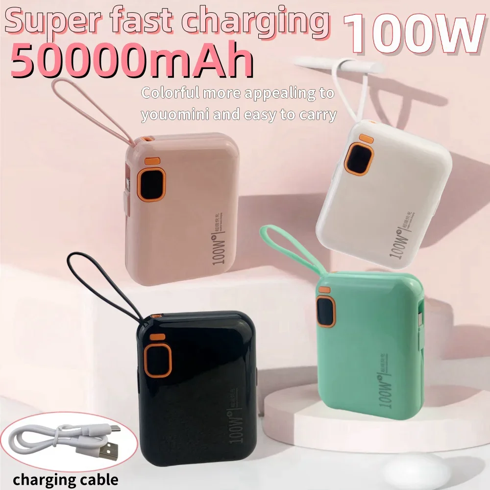 

50000mAh Portable Power Bank 100W Detachable USB to TYPE C Cable Two-way Fast Charger Mini Powerbank for iPhone Xiaomi Samsung