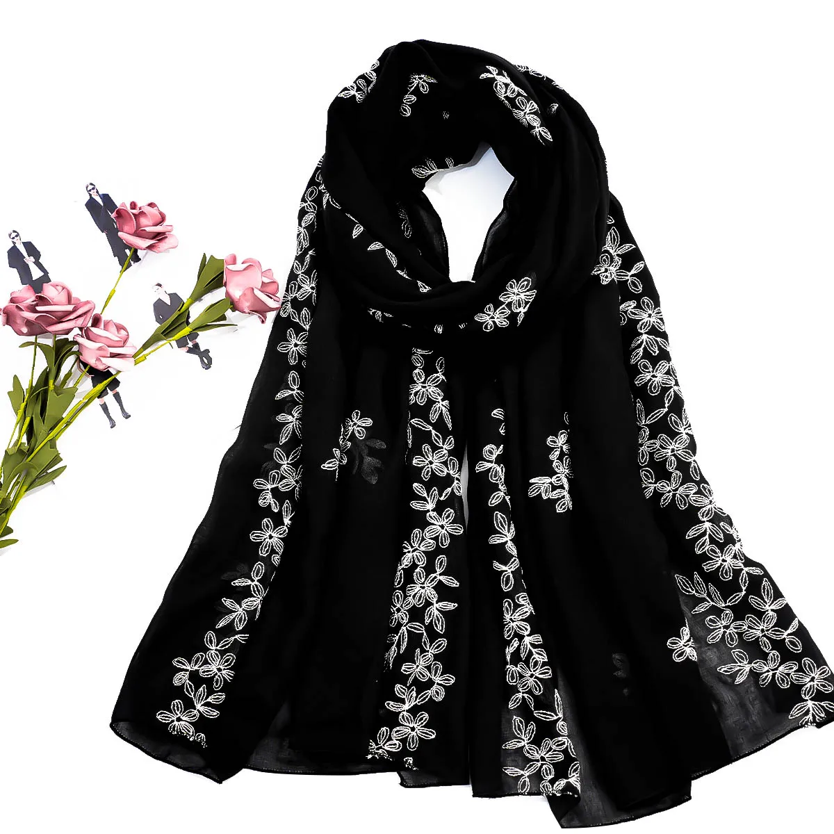 A women\'s fashionable embroidered embroidered soft edged thin scarf shawl