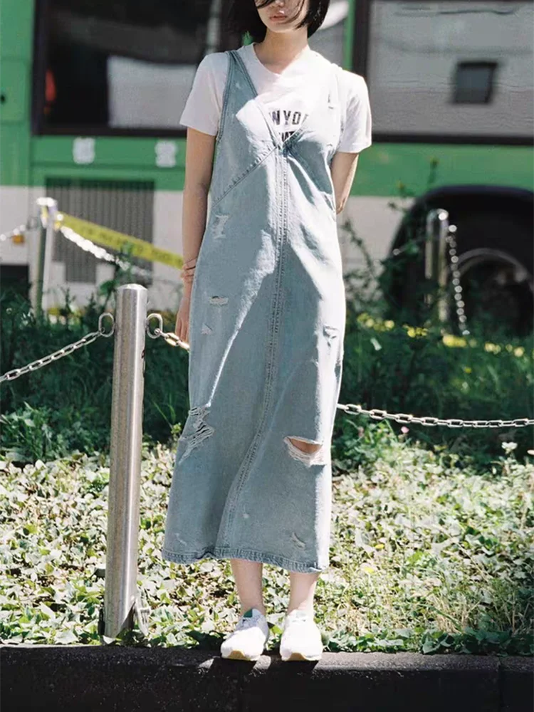 Novo vestido f de verão e sem mangas rasgado alça de ombro com decote em v vestido jeans na moda traje de palco...