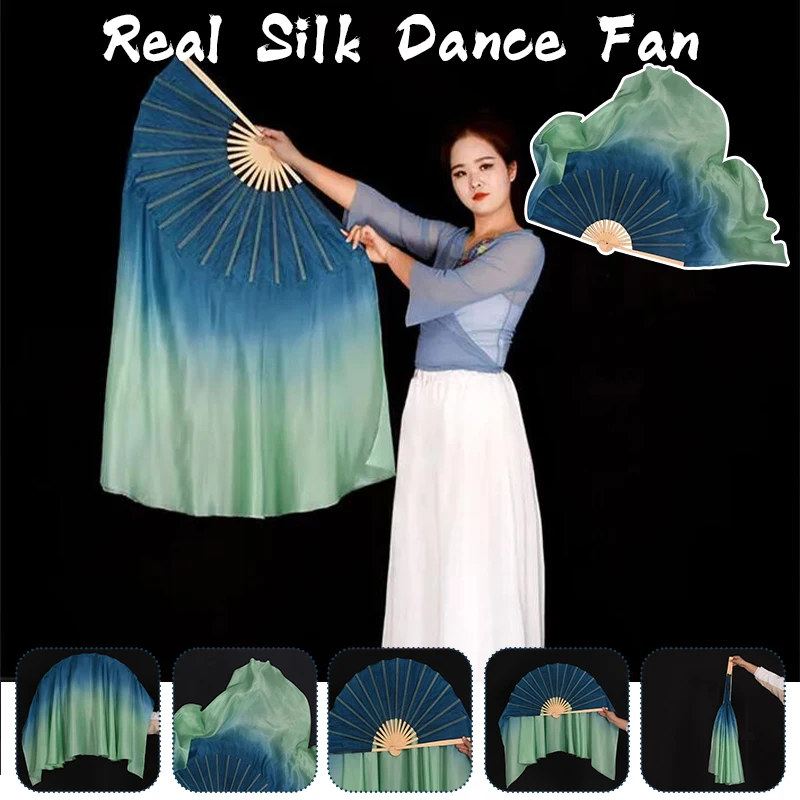 Adults Classical Dance Fan Veil Real Silk Dancer Stage Performance Props Double-sided Flowy Hand Dye Extra Long Veil Fan