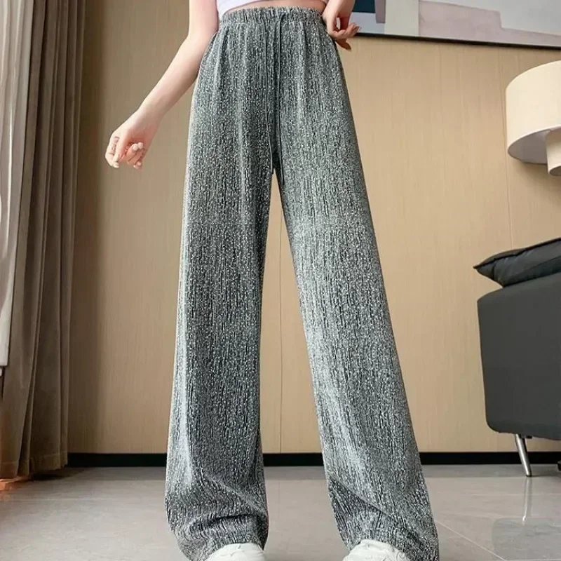 Women Straight Wide Leg High Waist Sparkling Pants Loose Casual Elastic Waist Pants Saggy Fashion Long Trousers Female Clothing