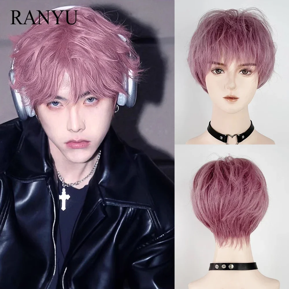 

Purple Anime Cosplay Synthetic Short Straight Men Wig With Bangs Fluffy Heat Resistant Hair Wig For Daily Party