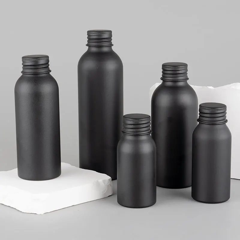 

40-200ml Matte Black Aluminum Bottle Black Silver Screw Lid 1pcs Scrub Aluminium Black Bottles Cosmetic Container