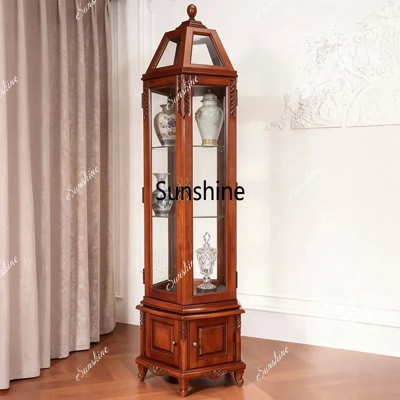 

Y.American solid wood carving wine cabinet living room revolving door glass display dining room floor