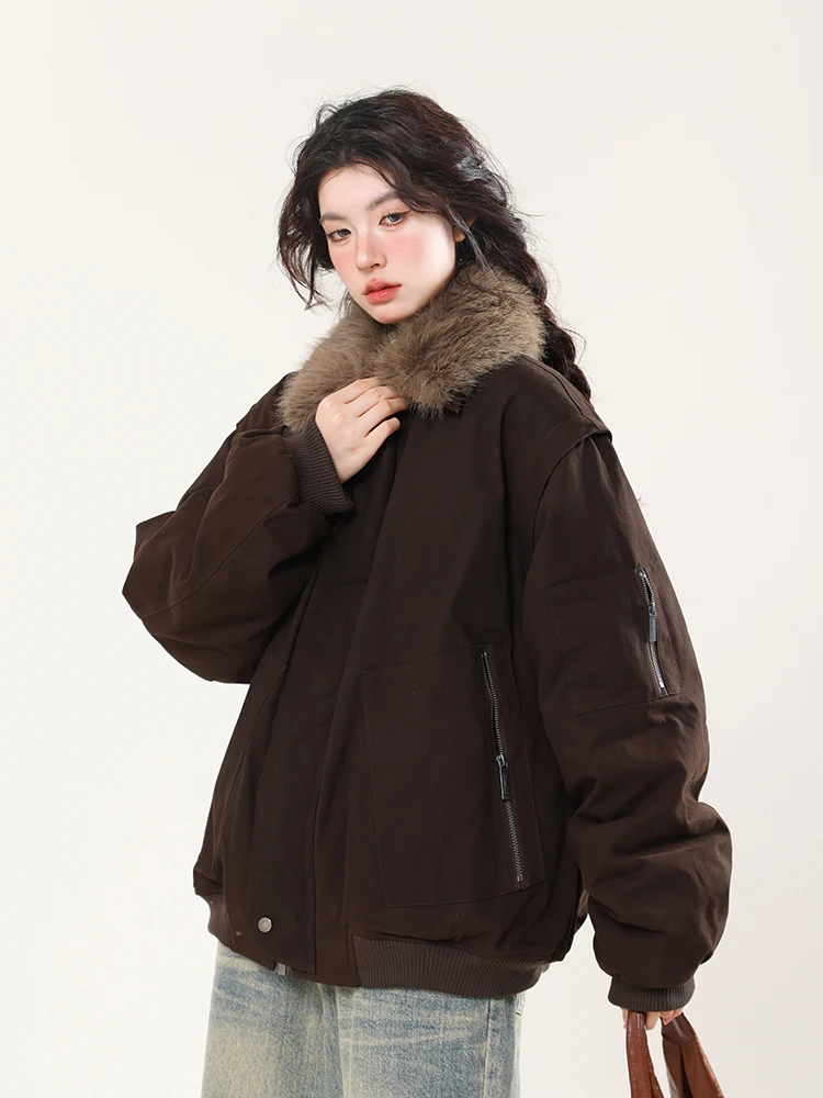 

AONW Retro Barn Sle Thiened Warmth down Jaet Women's Loose Outerwear Coat with Fur Collar for Winter New Arrival