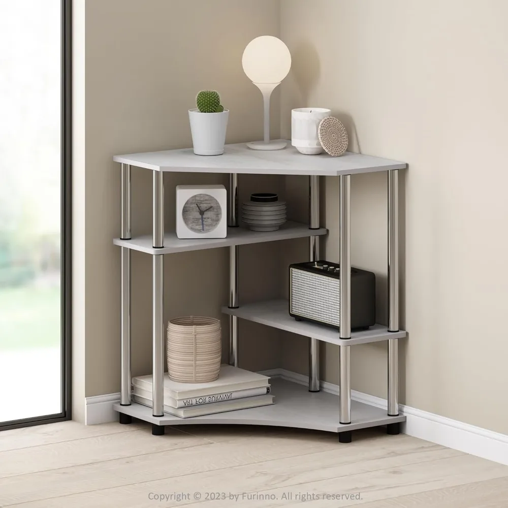 

Turn-N-Tube Multipurpose Corner Shelf, Display Rack, Bookshelf, White Oak, Stainless Steel Tubes
