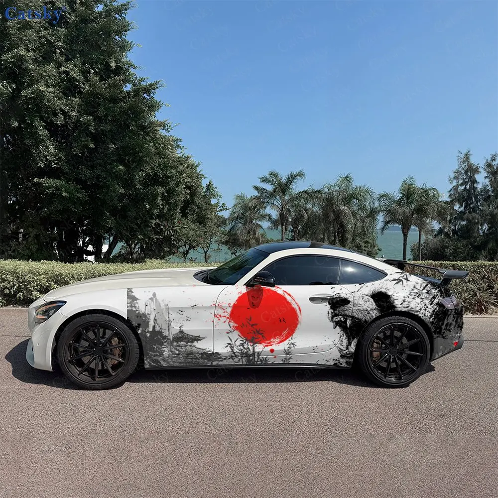 2pcs Bamboo Pavilion Red Sun Panda Car Side Wraps, Self-Adhesive PVC Waterproof & Scratch-Resistant Stickers, Car Accessory Gift