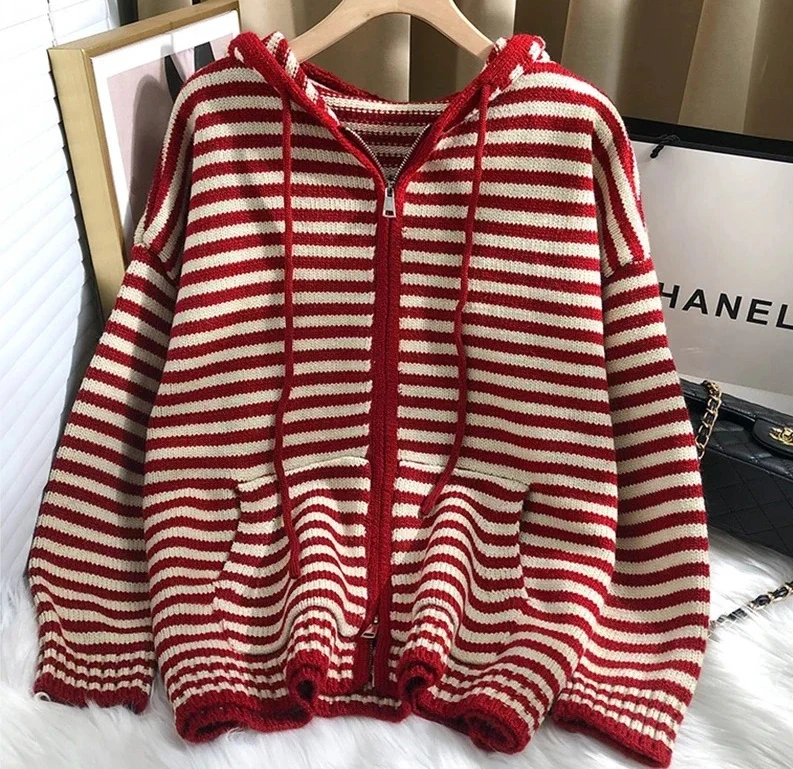 

Осень-зима, вязаный кардиган с капюшоном в красную полоску, женский корейский модный свободный повседневный свитер, пальто на молнии, топ с длинными рукавами
