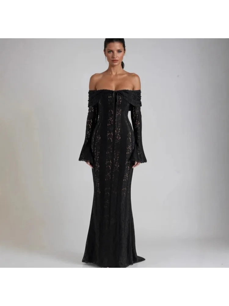 Robes fourreau pour femmes, robe longue de soirée, col bateau, manches évasées, dentelle ajourée, robe de soirée sexy printemps-été 2026