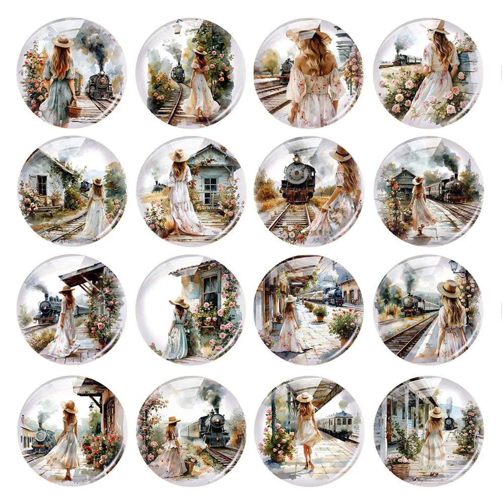 Random Mixed Round/Oval/Square Steam Train Floral Dress Lady Photo Glass Cabochon Flatback Demo Cameo For Diy Jewelry Making