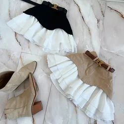 Denim Cake Skirt Women A Line Short Skirts High Waist Ruffles Elegant Splice Y2k Streetwear Party Pleated Slim Fit 2025 Spring