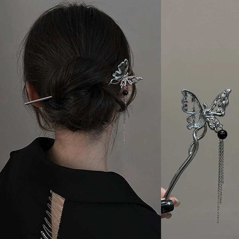 New Chinese Style Butterfly Flower Tassel Hair Stick for Women Vintage Metal Hanfu Chopstick Hair Clips 2024 Hair Accessories