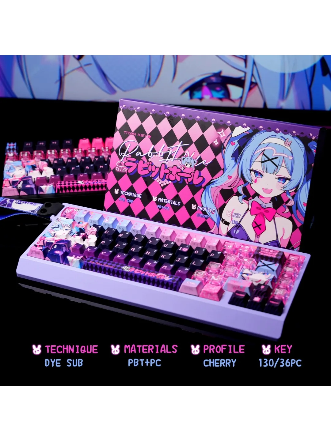 Klawisz Cute Rabbit Hole Cherry PBT z bocznym grawerem, półprzezroczysty PBT Hole Rabbit Black Pink 2.25/2.75U Space Alice Iso Layout Keycap — 2