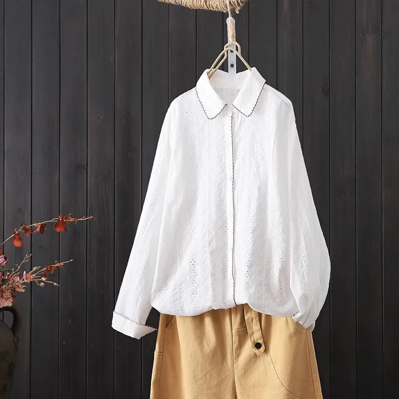 

Women's Embroidered Shirt 2025 Autumn New Korean Design Line Sensation Elegant Fashionable Top Long Velvet Cotton