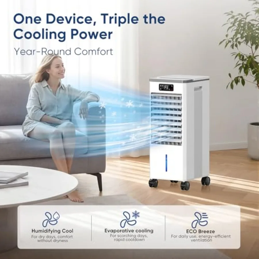 Portable evaporative air cooler for indoor use, plastic housing, white, no-hose design with 3 cooling modes, 3 fan speeds, 2-ga