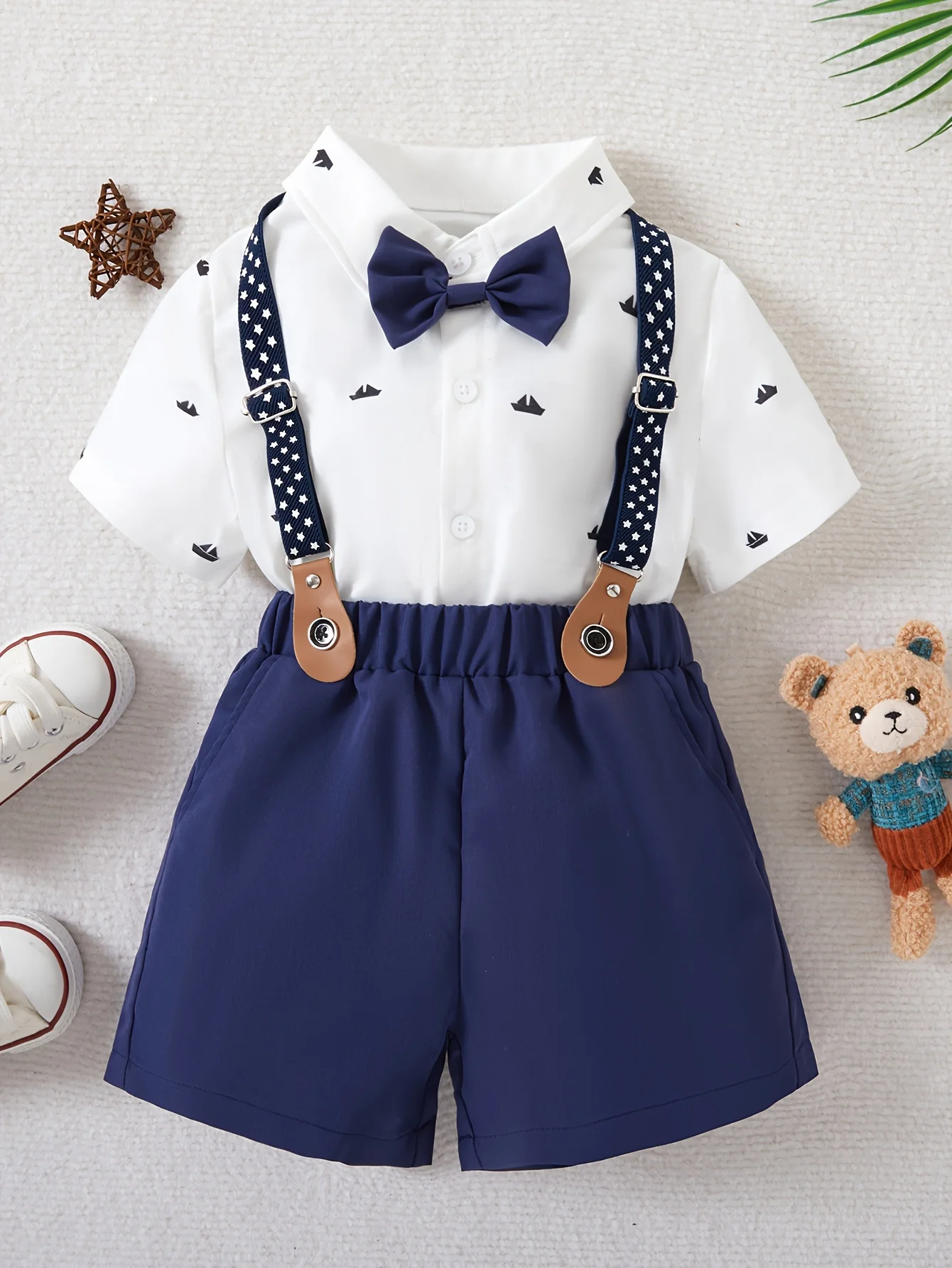 Boys gentlemen\'s dress printed bow short sleeved shirt+strap shorts party dress two-piece set