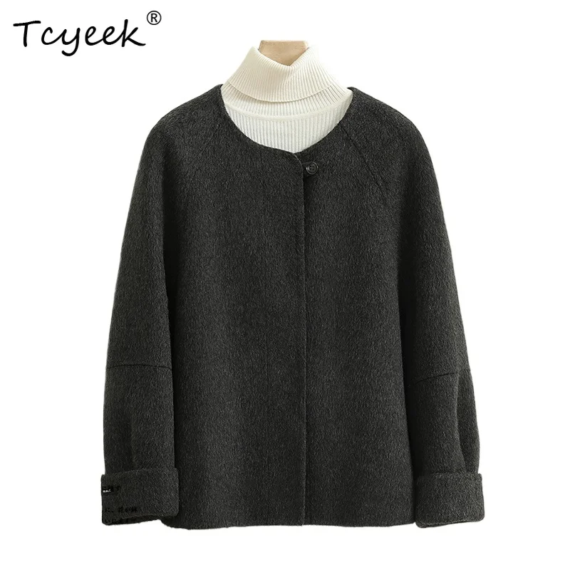 

Tcyeek 100% Wool Autumn Winter Double Sided Woolen Shoulder Sleeves Round Neck Women's Woolen Coat Casaco De Inverno Feminino