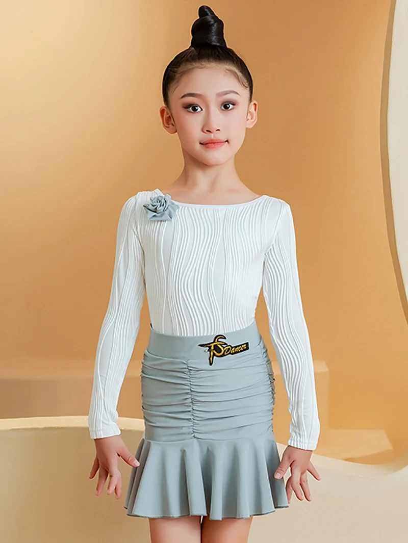 Kids Girls Knitting Long Sleeve Latin Dance Performance Waltz Competition Dancewear Children Bodysuit and Skirts Costume