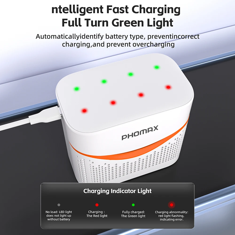 PHOMAX 1.2V AA + AAA Ni-MH/Ni-Cd 8 Slots Combo Charging Compartment Smart Flip Top Charger Can Charge 4pcs AA+4pcs AA Batteries