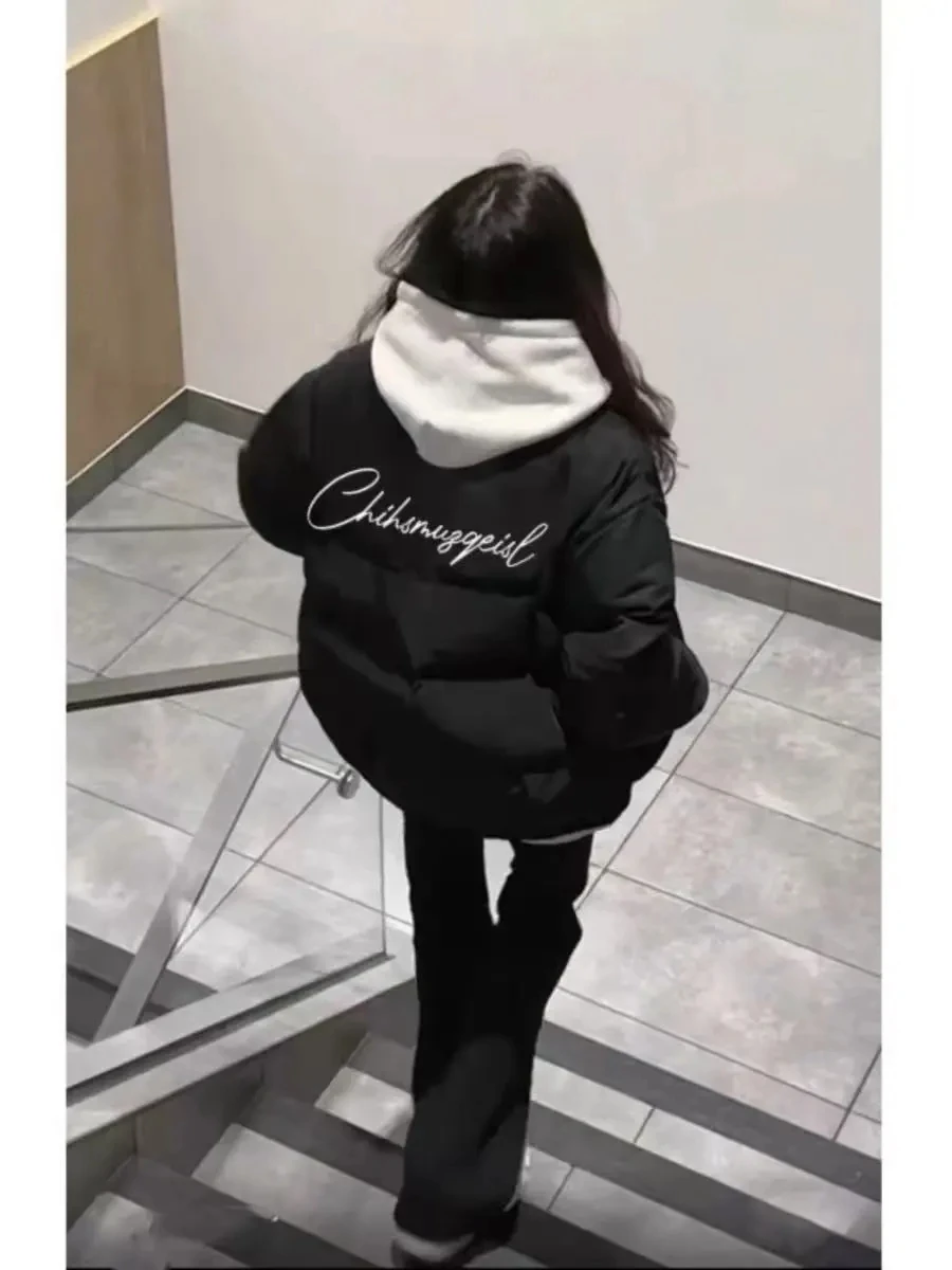 

Черная пуховая хлопковая куртка, женская зимняя куртка, новое свободное универсальное пальто для хлеба, женская утепленная теплая верхняя одежда с капюшоном, топы