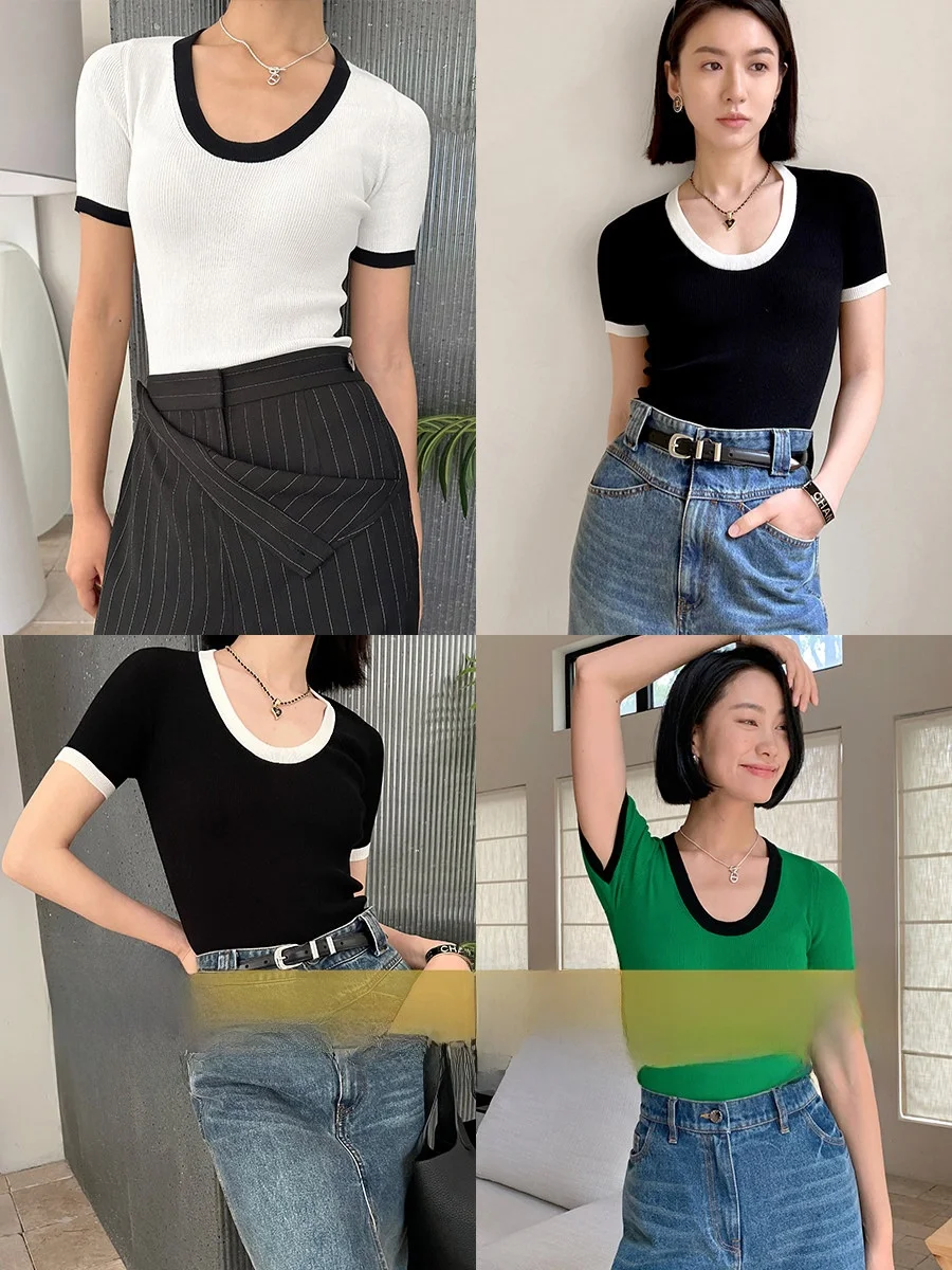 

Летняя трикотажная футболка Amyy Studios с охлаждающим эффектом, коротким рукавом, цветными блоками, низким круглым вырезом, облегающая, модная