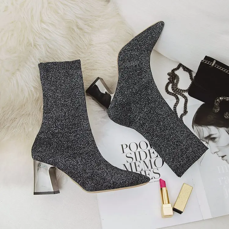 New Spring Autumn Ankle Boot Booties Female Sexy Sock Boots Knitting Stretch Boots High Heels Women Fashion Shoes