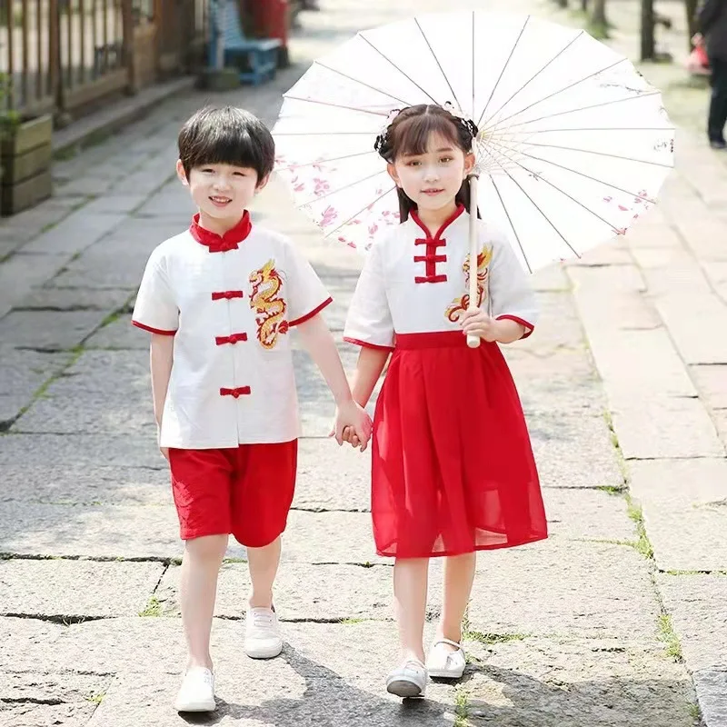 Children Summer New Embroidery Dragon Hanfu Girl And Boy Chinese Style Vintage Button Qipao Dress Performance Role Play Skirt