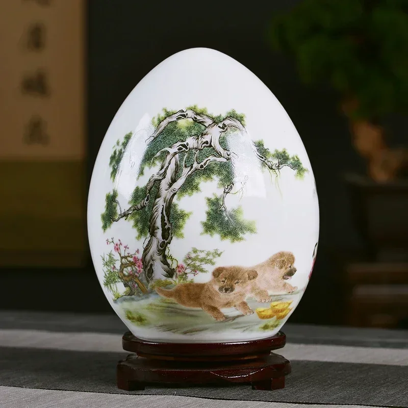 Jingdezhen Ceramic Vase Chinese Style Landscape Vase+Base Livingroom Home Furnishing Decoration Crafts Eggs Ornaments Articles