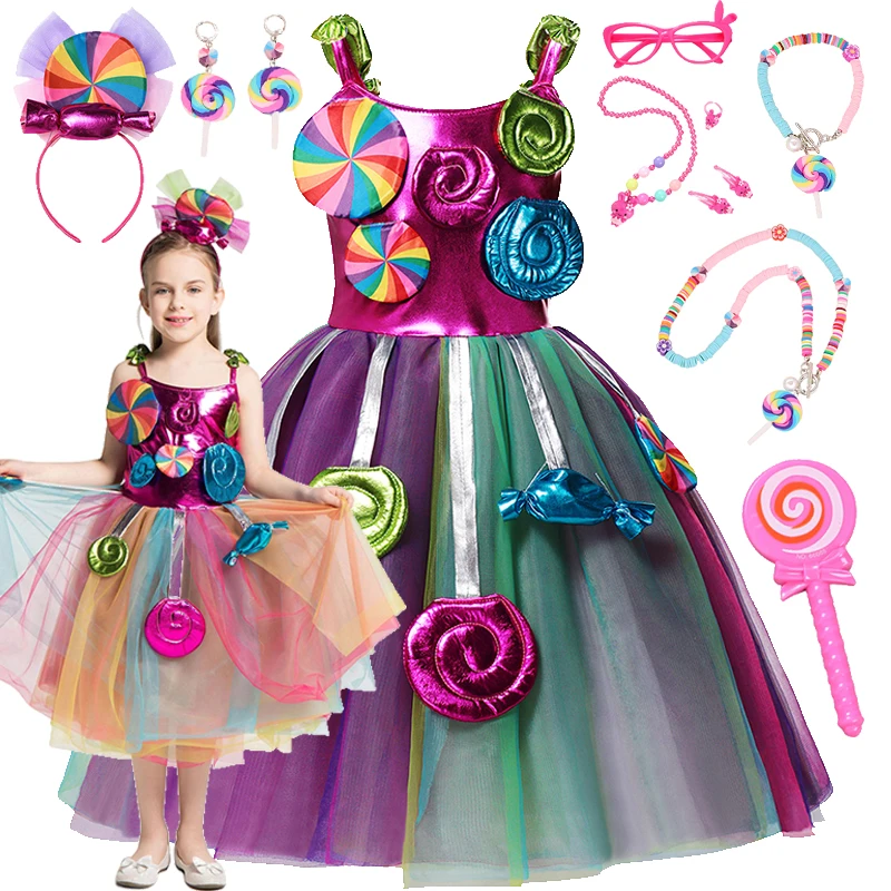 

Candy Princess Dress Baby Girls Party Candy Cosplay Costume Children Clothes Rainbow Princess Dress Purim Party Clothings