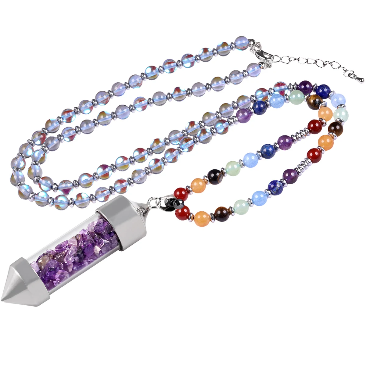 

6mm 7 Chakra Stone Beads Necklace Natural Amethyst Chips Wishing Bottle Pendant Charms Adjustable Jewelry Unisex 30-32 Inch