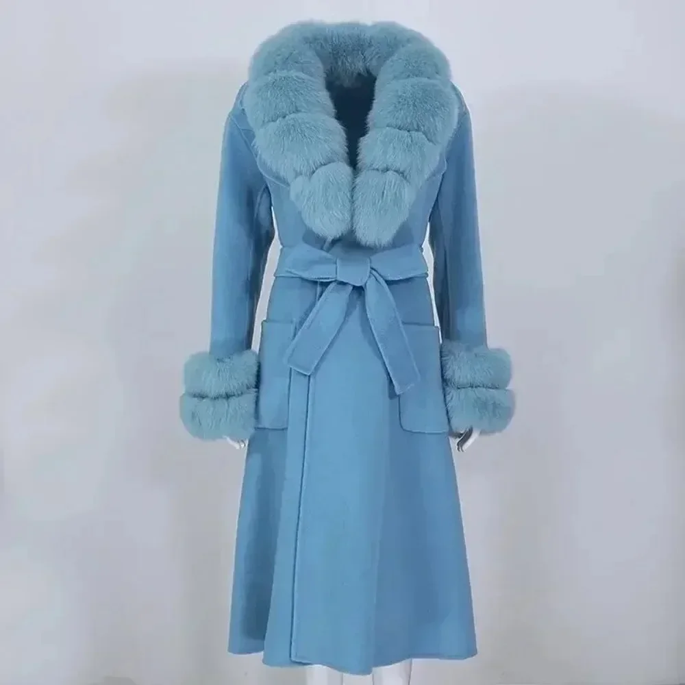 2025 Autumn Winter Women's New Long Fur Coat Removable Oversized Fox Fur Collar Cashmere Wool Coat Wool