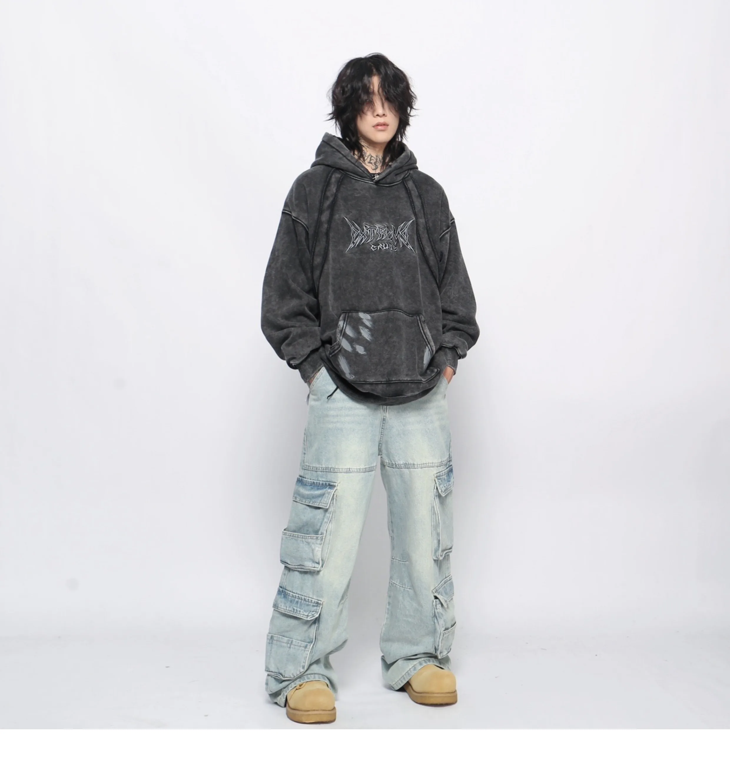 الربيع والخريف جديد الصناعة الثقيلة شارع العليا المطرزة المرقعة الصوف الأسود هوديي النمط الأمريكي الرجال خمر رمادي أعلى